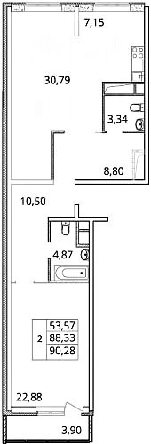 Двухкомнатная квартира 90.28 м²