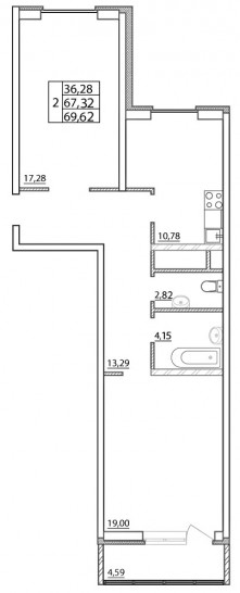 Двухкомнатная квартира 69.62 м²