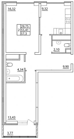 Двухкомнатная квартира 57.3 м²