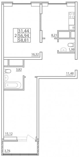 Двухкомнатная квартира 58.81 м²