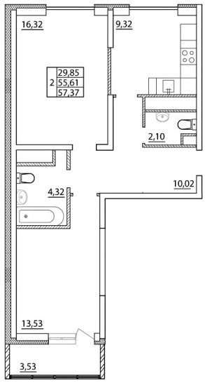 Двухкомнатная квартира 57.37 м²
