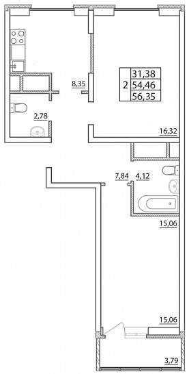 Двухкомнатная квартира 56.35 м²