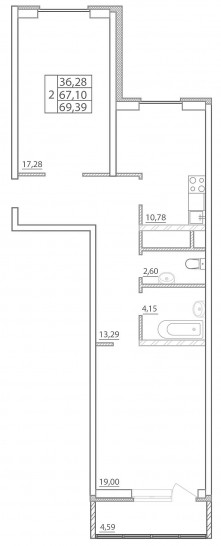 Двухкомнатная квартира 69.39 м²