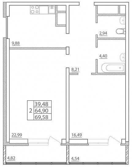 Двухкомнатная квартира 69.58 м²