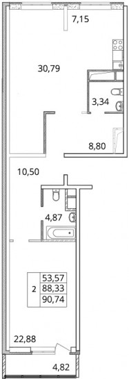 Двухкомнатная квартира 90.74 м²
