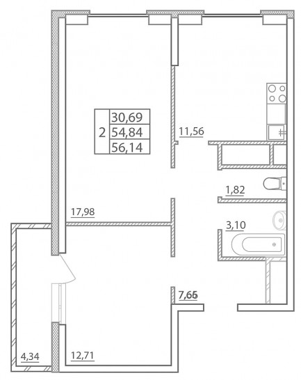 Двухкомнатная квартира 56.14 м²