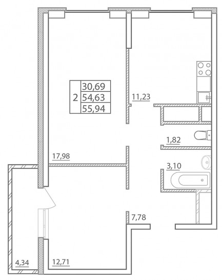Двухкомнатная квартира 55.94 м²