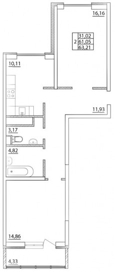 Двухкомнатная квартира 63.21 м²
