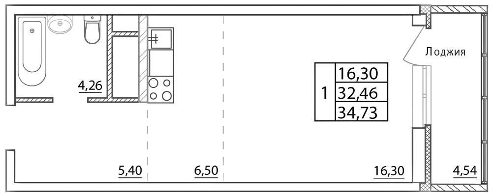 Студия 34.73 м²