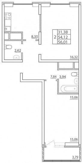 Двухкомнатная квартира 56.01 м²