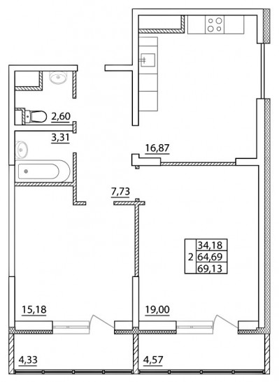 Двухкомнатная квартира 69.13 м²